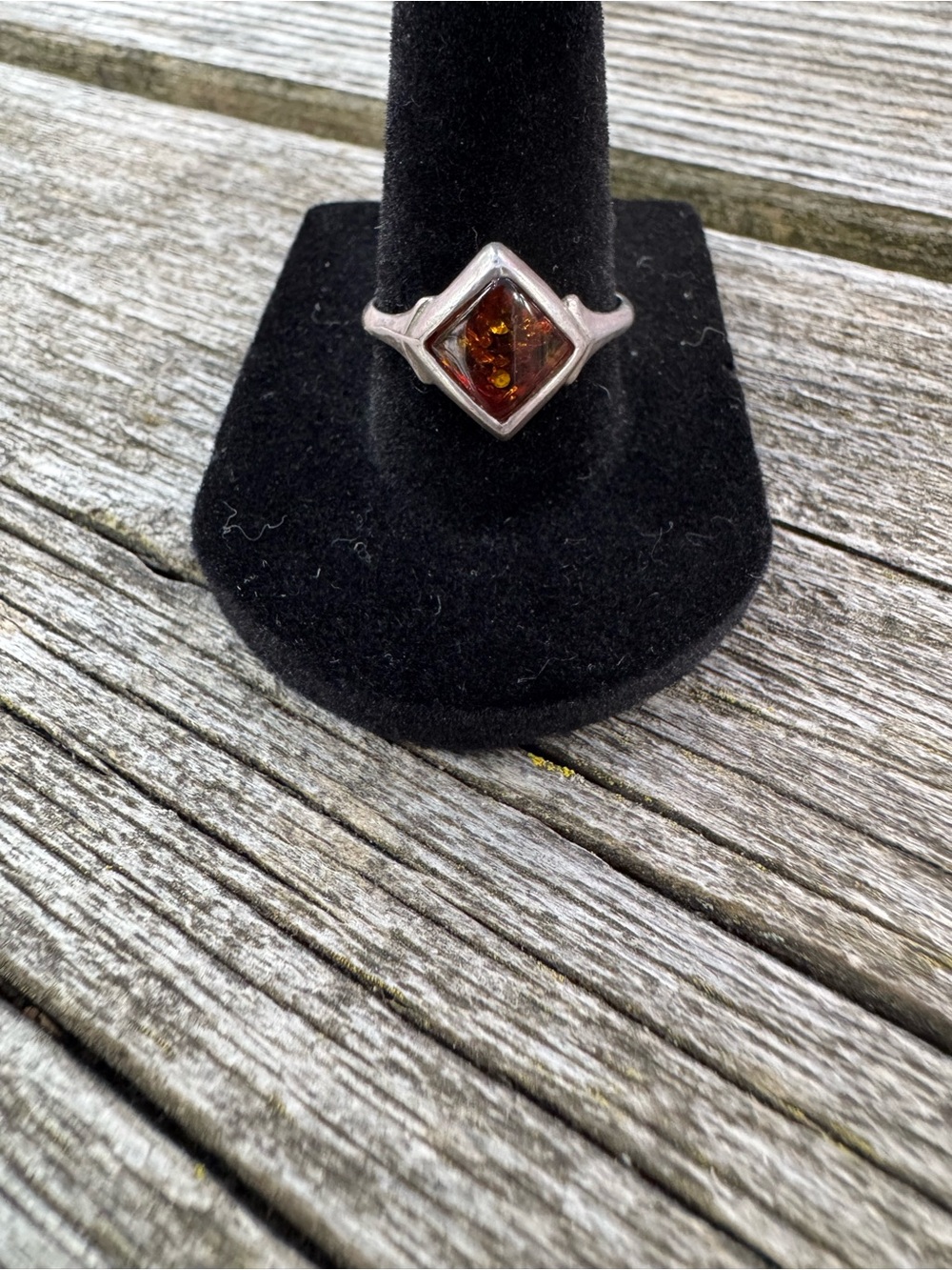 Vintage Sterling Silver Baltic Amber Diamond-Shape Ring
